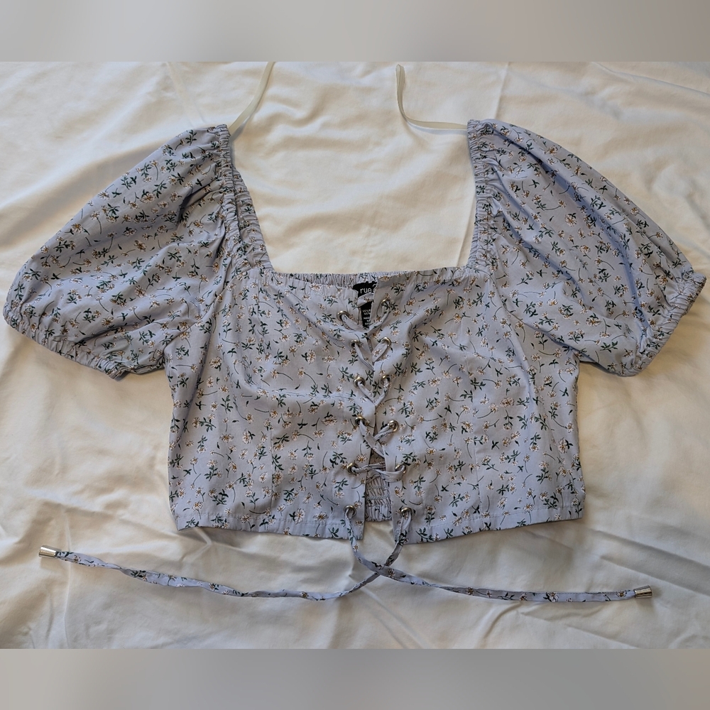 Rue21 Puff Sleeve Floral Blouse – Light Blue – Lace-Up Front – Size Small